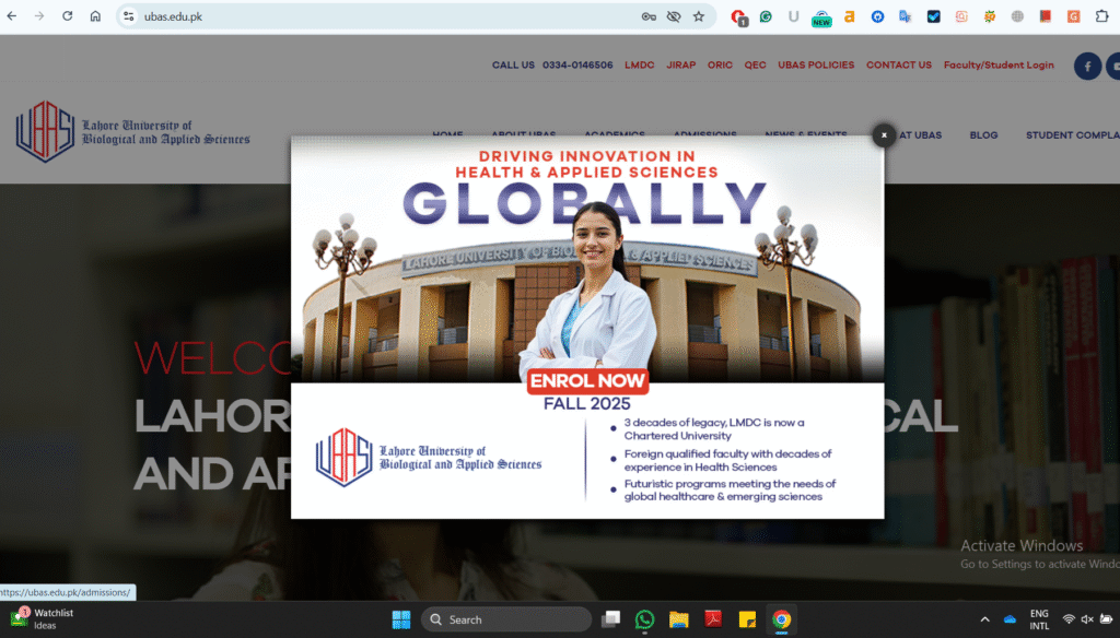 UBAS landing page for UBAS admissions