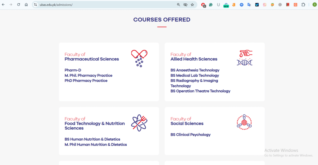 programmes offered at Lahore-UBAS in Fall 2025